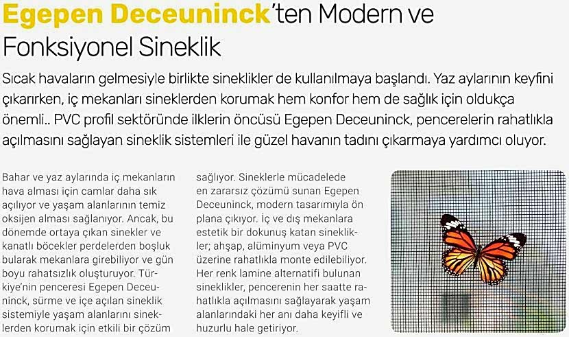 Egepen Deceuninck'ten Modern ve Fonksiyonel Sineklik